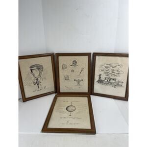 4 x Harry The Hat Cheers Funny Sketches Drawing Caricature Framed Signed 86 RARE